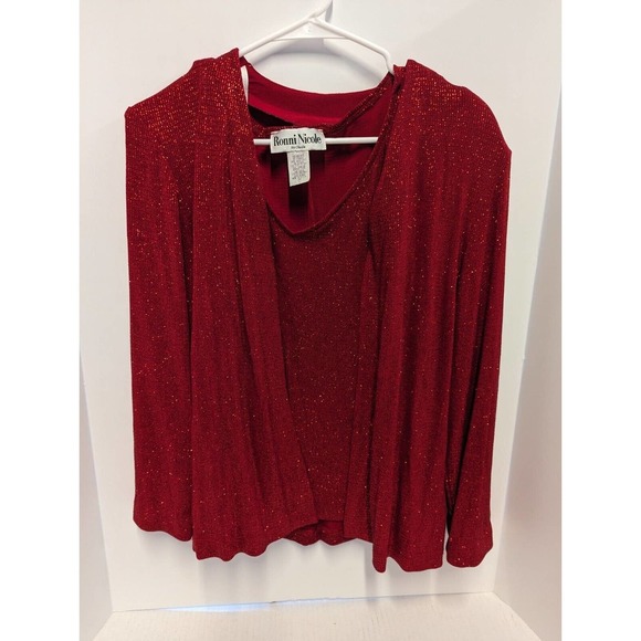 Ronni Nicole Cardigan Twin Set Womens Large Red Sparkle Metallic Holiday Xmas - Picture 1 of 4